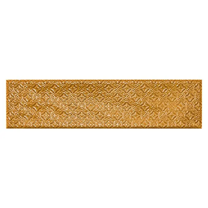 BHS Showroom Revestimiento de pared Rain Decor - 7,5 x 30 cm, Kaki, Brillante - Azulejo dorado alargado con un patrón decorativo en relieve, ideal para revestimientos de pared elegantes.