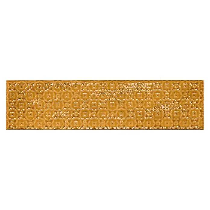 BHS Showroom Revestimiento de pared Rain Decor - 7,5 x 30 cm, Kaki, Brillante - Baldosa texturizada en tono dorado con un patrón geométrico en relieve que crea un ambiente cálido y acogedor.