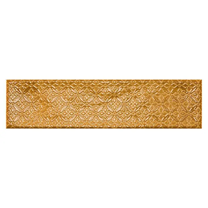 BHS Showroom Revestimiento de pared Rain Decor - 7,5 x 30 cm, Kaki, Brillante - Baldosa de cerámica dorada brillante con un patrón geométrico en relieve. Una baldosa decorativa ideal para paredes y pisos.