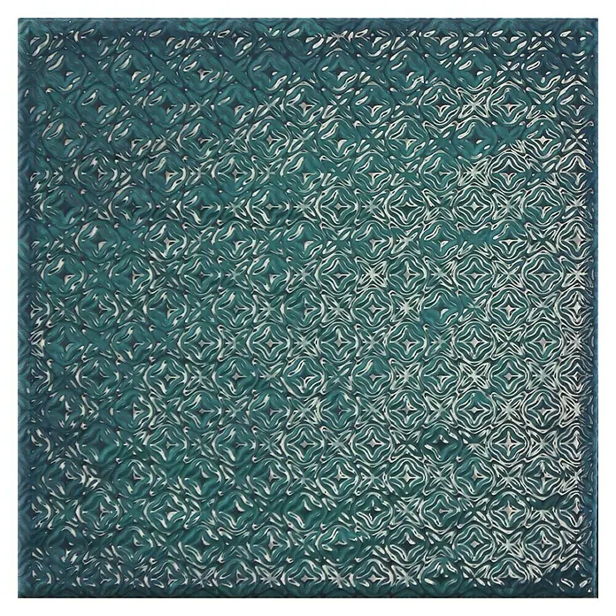 BHS Showroom Revestimiento de pared Rain Decor - 22,3 x 22,3 cm, Aquamarine, Brillante - Azulejo turquesa con un estampado floral en espiral.