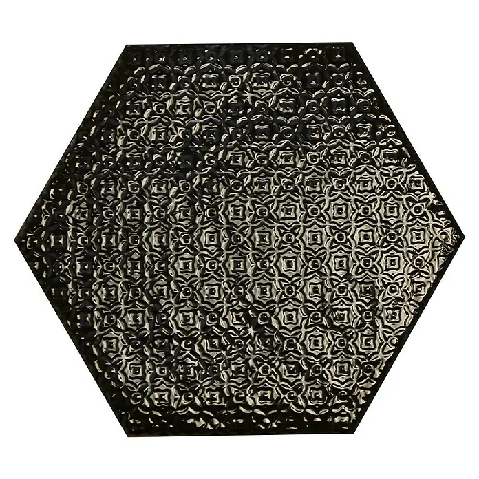 BHS Showroom Revestimiento de pared Rain Decor - 19,8 x 22,8 cm, Nero, Brillante - Azulejo hexagonal negro con un patrón geométrico en relieve, creando un diseño elegante y moderno.