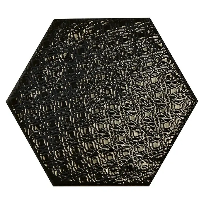 BHS Showroom Revestimiento de pared Rain Decor - 19,8 x 22,8 cm, Nero, Brillante - Baldosa hexagonal negra estructurada con un patrón geométrico, ideal para interiores modernos.