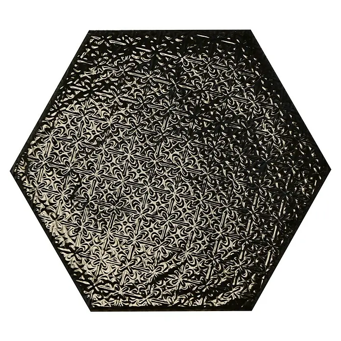 BHS Showroom Revestimiento de pared Rain Decor - 19,8 x 22,8 cm, Nero, Brillante - Baldosa hexagonal negra que exhibe un delicado patrón floral en relieve, ideal para crear diseños elegantes de pared o suelo.