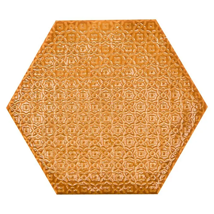 BHS Showroom Revestimiento de pared Rain Decor - 19,8 x 22,8 cm, Kaki, Brillante - Azulejo hexagonal naranja con un patrón geométrico en relieve, ideal para interiores elegantes.