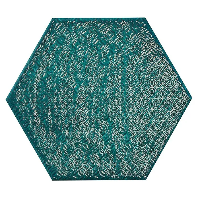 BHS Showroom Revestimiento de pared Rain Decor - 19,8 x 22,8 cm, Aquamarine, Brillante - Baldosa cerámica hexagonal verde con un patrón abstracto de remolinos, ideal para baños o cocinas modernas.