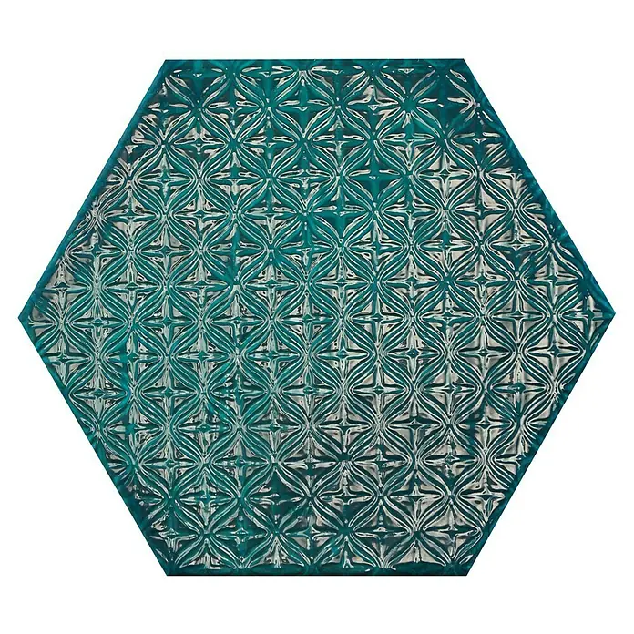 BHS Showroom Revestimiento de pared Rain Decor - 19,8 x 22,8 cm, Aquamarine, Brillante - Azulejo de cerámica hexagonal con un patrón floral en turquesa y plata. Ideal para cocinas o baños.