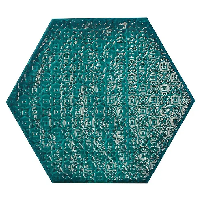BHS Showroom Revestimiento de pared Rain Decor - 19,8 x 22,8 cm, Aquamarine, Brillante - Baldosa hexagonal turquesa con un patrón decorativo en relieve, ideal para diseños de paredes y pisos elegantes.