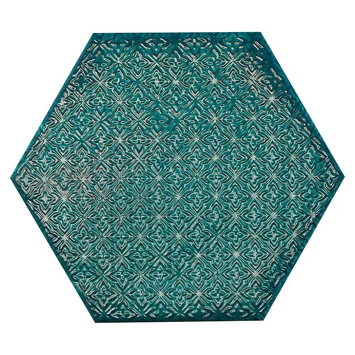 BHS Showroom Revestimiento de pared Rain Decor - 19,8 x 22,8 cm, Aquamarine, Brillante - Baldosa hexagonal turquesa con un estampado plateado en relieve, ideal para un diseño elegante de paredes o suelos.