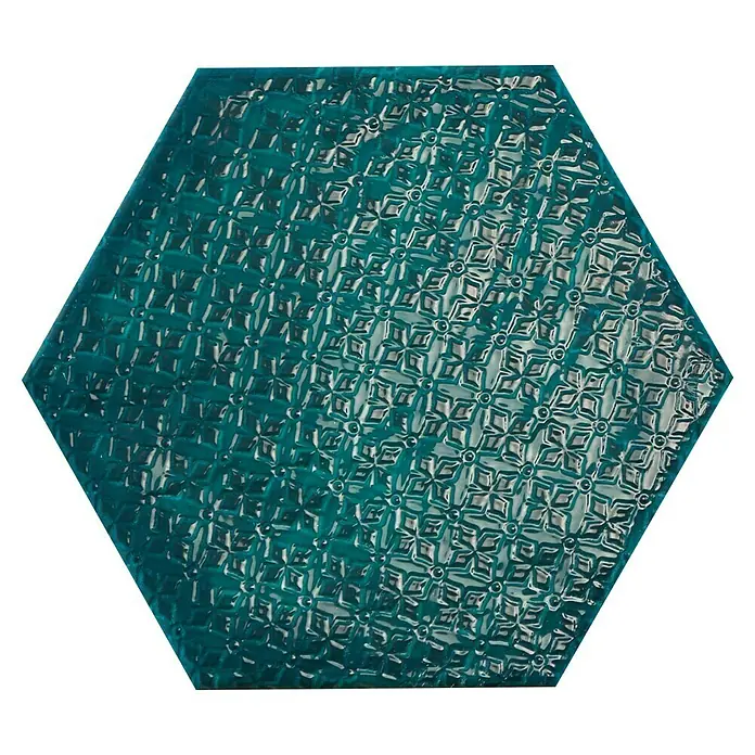 BHS Showroom Revestimiento de pared Rain Decor - 19,8 x 22,8 cm, Aquamarine, Brillante - Baldosa hexagonal turquesa con un patrón en relieve repetitivo, ideal para diseño de paredes o suelos, muy atractiva.
