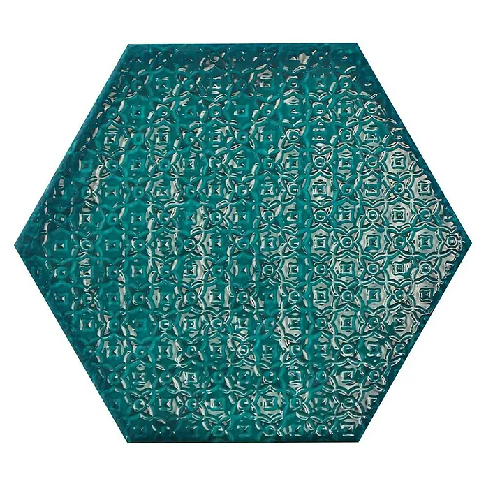 BHS Showroom Revestimiento de pared Rain Decor - 19,8 x 22,8 cm, Aquamarine, Brillante - Baldosa hexagonal turquesa con patrón decorativo en relieve. Ideal para diseños elegantes de paredes y suelos en interiores.