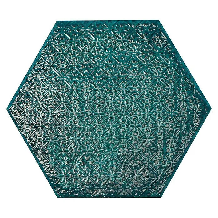 BHS Showroom Revestimiento de pared Rain Decor - 19,8 x 22,8 cm, Aquamarine, Brillante - Vista detallada de una baldosa hexagonal turquesa con un patrón floral en relieve para diseños elegantes de paredes y pisos.