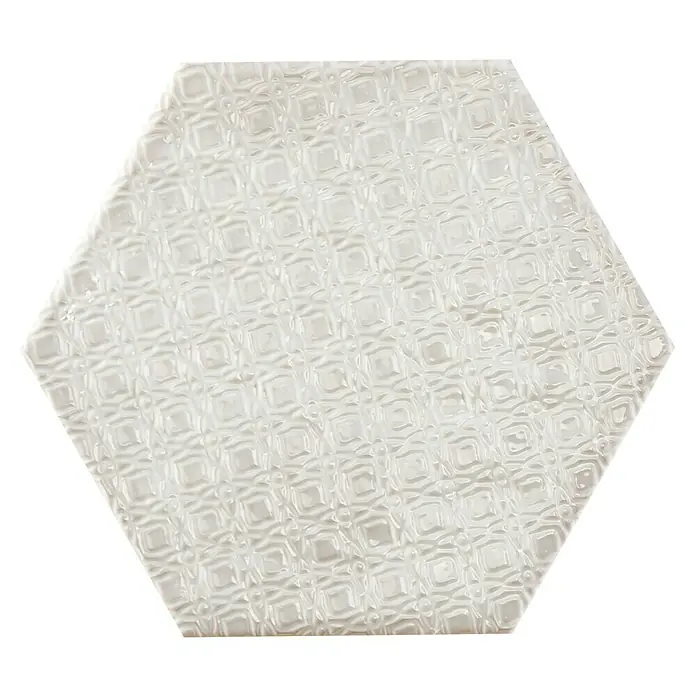 BHS Showroom Revestimiento de pared Rain Decor - 19,8 x 22,8 cm, Bianco, Brillante - Azulejo hexagonal blanco con un patrón de diamante en relieve, perfecto para diseños modernos de baños y cocinas.
