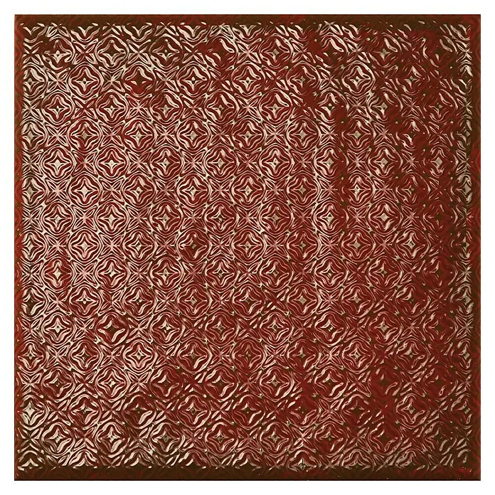 BHS Showroom Revestimiento de pared Rain Decor - 22,3 x 22,3 cm, Bordeaux, Brillante - Primer plano de una pieza de vidrio texturizada y teñida de rojo con un patrón de motivos florales estilizados.