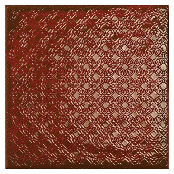 BHS Showroom Revestimiento de pared Rain Decor - 22,3 x 22,3 cm, Bordeaux, Brillante - Baldosa de cerámica marrón rojizo con acabado brillante, presenta un patrón de rombos y círculos, ideal para una decoración elegante.