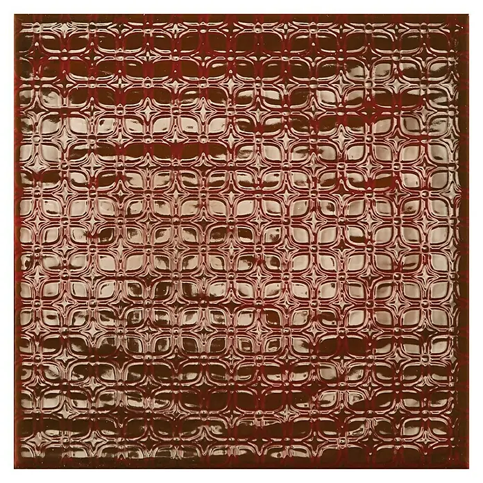 BHS Showroom Revestimiento de pared Rain Decor - 22,3 x 22,3 cm, Bordeaux, Brillante - Vista detallada de una baldosa de cerámica marrón brillante con un estampado decorativo en relieve, ideal para diseños elegantes de paredes y suelos.