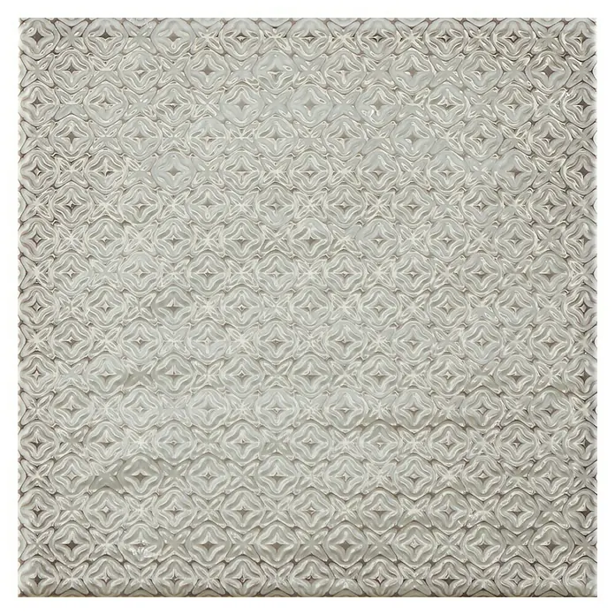 BHS Showroom Revestimiento de pared Rain Decor - 22,3 x 22,3 cm, Grigio, Brillante - Primer plano de una superficie de azulejo blanco con un patrón floral repetitivo, ideal para baños y cocinas modernas.