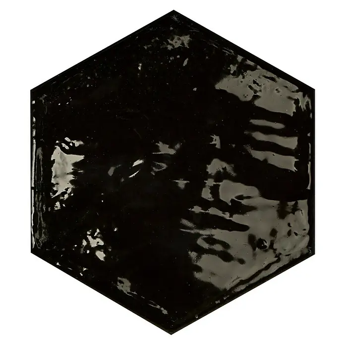 BHS Showroom Revestimiento de pared Rain - 19,8 x 22,8 cm, Hexagonal, Nero, Brillante - Baldosa hexagonal negra con acabado brillante, ideal para diseños modernos de paredes y suelos. Elegante y atemporal para cualquier espacio.