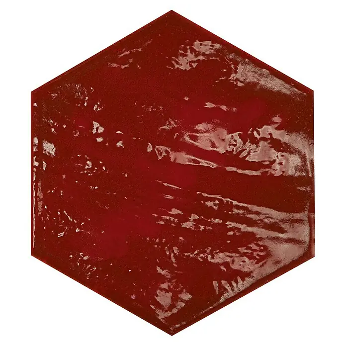 BHS Showroom Revestimiento de pared Rain - 19,8 x 22,8 cm, Hexagonal, Bordeaux, Brillante - Baldosa hexagonal roja brillante con texturas superficiales únicas. Ideal para agregar un toque llamativo a cualquier espacio.