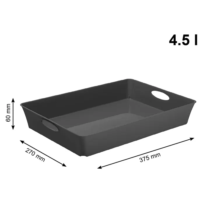 Rotho Aufbewahrungsbox Living - L x B x H: 37,5 x 27 x 6 cm, Kunststoff, Anthrazit - Produktbild einer grauen Aufbewahrungsbox aus Kunststoff mit den Maßen 375 mm x 270 mm x 60 mm und einem Fassungsvermögen von 4,5 Litern.
