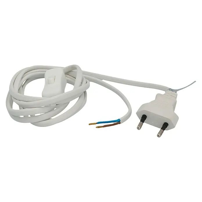 Voltomat Anschlusskabel - 2 m, H03VV-F, Aderquerschnitt: 0,75 mm², Weiß - Weiße Stromkabelgarnitur mit Eurostecker, Schalter und abisolierten Enden für Elektroinstallationen und Geräteanschlüsse.