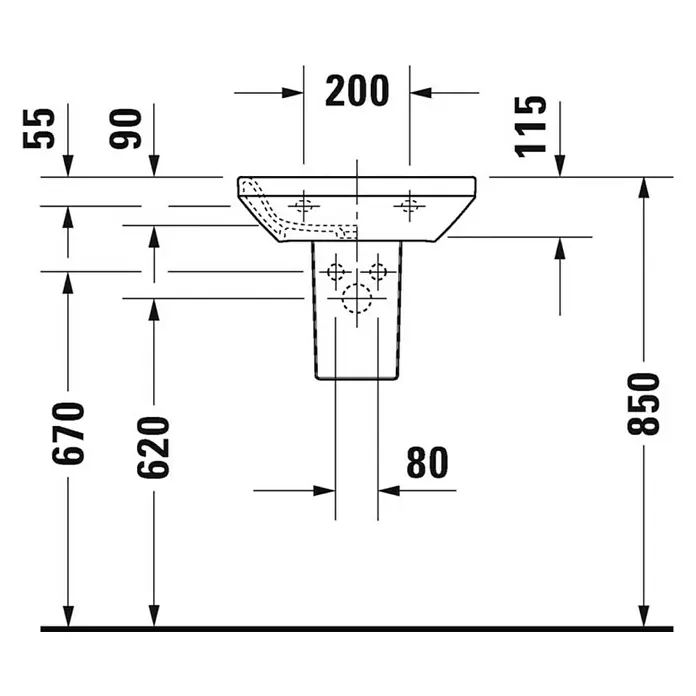 Duravit DuraStyle Waschbecken - 45 x 33,5 cm, Ohne Spezialglasur, Hahnloch: Mitte, Ohne Überlauf, Weiß - Abbildung eines Sanitärkeramik-Waschtischs mit detaillierten Maßangaben, die die Abmessungen und Installationsdetails hervorheben.