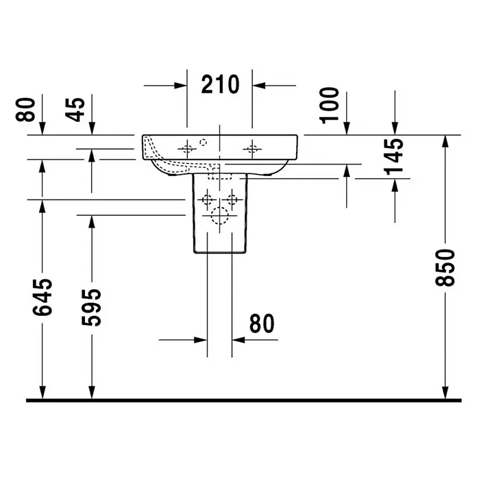 Duravit Happy D.2 Waschbecken - 50 x 36 cm, Ohne Spezialglasur, Hahnloch: Mitte, Mit Überlauf, Weiß - Technische Zeichnung eines Waschtischs mit verschiedenen Maßangaben für Installation und Design.