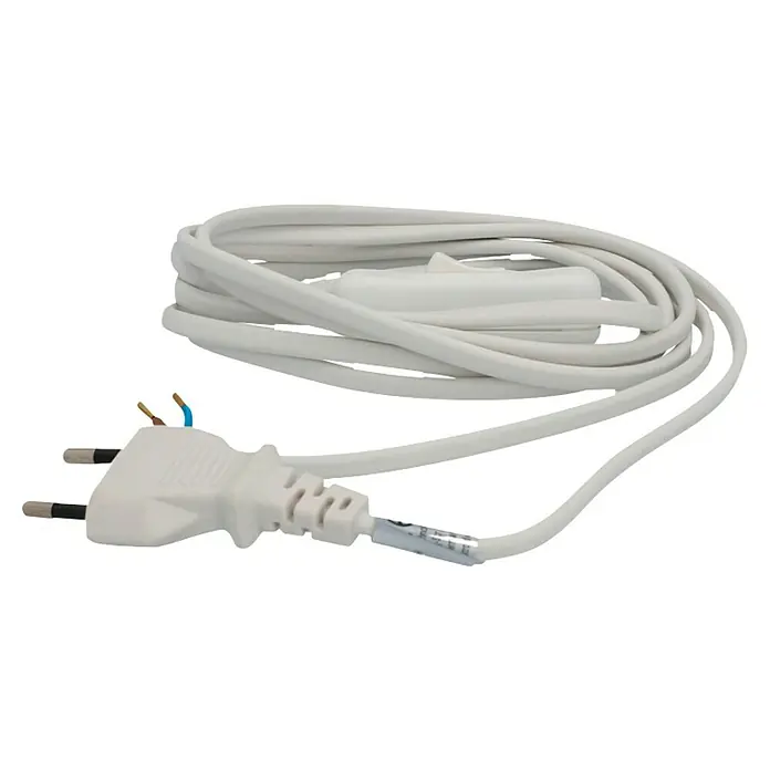 Voltomat Anschlusskabel - 2 m, H03VV-F, Aderquerschnitt: 0,75 mm², Weiß - Nahaufnahme eines weißen Verlängerungskabels mit Stecker und Schalter. Das Kabel ist zusammengerollt und liegt auf einer schwarzen Oberfläche.
