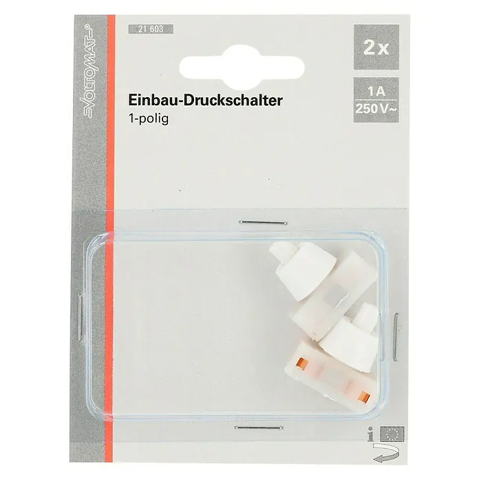 Voltomat Einbau-Druckschalter - Polanzahl: 1 Stk., Weiß, 2 Stk. - Verpackung von 2x Einbau-Druckschaltern, 1-polig, 1A, 250V~, ideal für elektrische Installationen und DIY-Projekte.