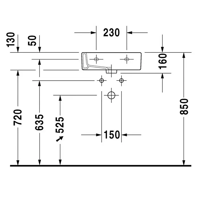 Duravit Vero Waschbecken Typ 1 - 45 x 35 cm, Ohne Spezialglasur, Hahnloch: Mitte, Mit Überlauf, Weiß, Ungeschliffen - Technische Zeichnung eines Waschbeckens mit Maßangaben für Installation und Design.
