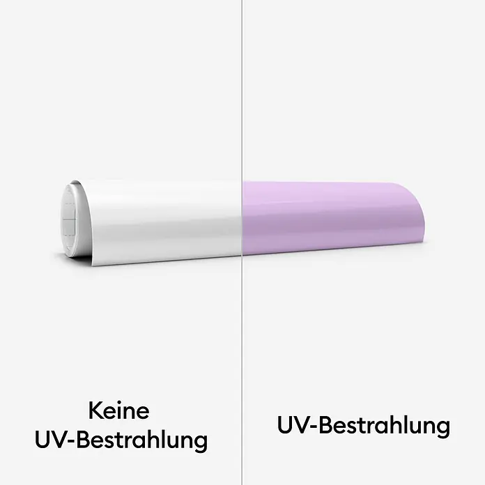 Cricut Aufbügelfolie Iron-On UV Color Change - Pastell Lila, L x B: 48 x 30 cm, Passend für: Cricut Explore™ und Cricut Maker™ - Bild eines Produkts vor und nach UV-Bestrahlung. Auf der linken Seite ist es weiß, rechts lila.
