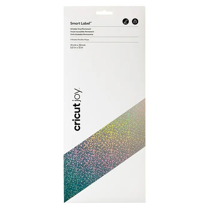Cricut Joy Vinylfolie Smart Label Writeable - 4 Stk., Holografisches Silber, 14 x 33 cm - Eine Packung Cricut Joy Smart Label™ Vinylfolie, beschreibbar und permanent, mit holografischem Design für individuelle Beschriftungen.