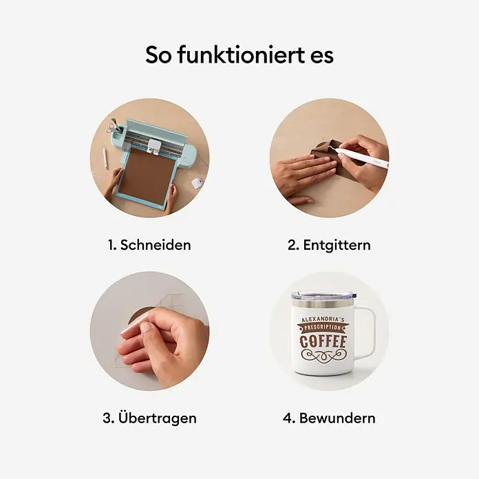 Cricut Vinylfolie Musterset Permanent - 10 Stk., Hautfarben, 30,5 x 30,5 cm - So funktioniert es: Schneiden, Entgittern, Übertragen und Bewundern mit dem Cricut Schneideplotter, um ein einzigartiges Kaffeetassendesign zu erstellen.