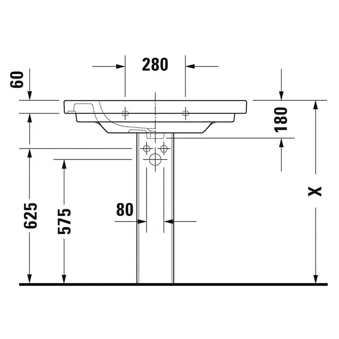 Duravit D-Code Waschtisch - 85 x 48 cm, Ohne Spezialglasur, Hahnloch: Mitte, Mit Überlauf, Weiß - Abbildung eines Waschbeckens mit Maßen. Das Waschbecken ist auf einem Sockel montiert.