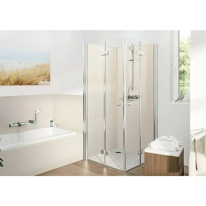 SanDesign Alu-Verbundplatte - 100 x 250 cm, Sandy Beige - Die Duschkabine mit klappbaren Türen präsentiert sich in einem Badezimmer mit Badewanne und Fenster und bietet eine praktische Lösung.