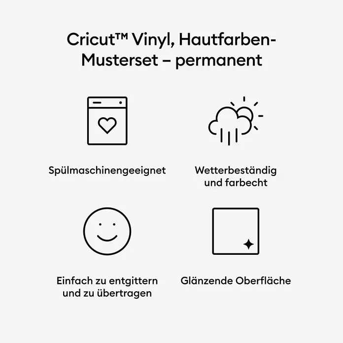 Cricut Vinylfolie Musterset Permanent - 10 Stk., Hautfarben, 30,5 x 30,5 cm - Cricut Vinyl Hautfarben-Musterset, permanent. Spülmaschinengeeignet, wetterbeständig, leicht zu verarbeiten und glänzende Oberfläche.