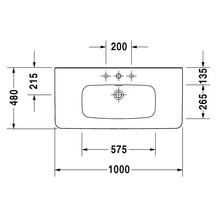 Duravit DuraStyle Waschtisch Typ 1 - 100 x 48 cm, Mit schmutzabweisender Glasur, Hahnloch: Mitte, Mit Überlauf, Weiß - Technische Zeichnung eines Waschbeckens mit Bemaßung. Die Maße sind 1000x480mm mit einem Becken von 575x265-135mm.