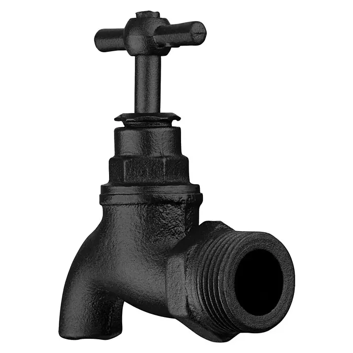 Walteco Rusticline Wasserhahn Tube - Stahl, Schwarz - Nahaufnahme eines schwarzen Wasserhahns mit Kreuzgriff und Gewindeanschluss. Ideal für Sanitärinstallationen.