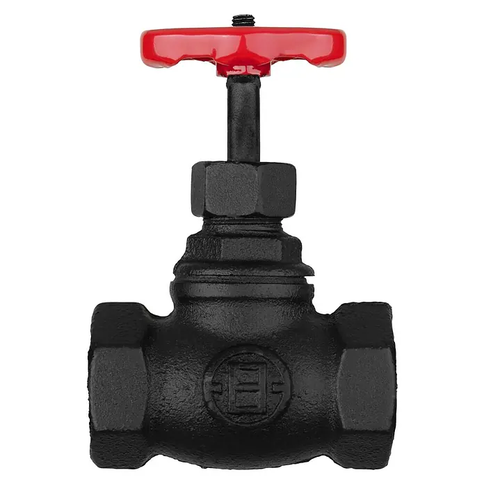 Walteco Rusticline Durchlaufventil Tube - Stahl, Schwarz - Schwarzes Ventil mit rotem Griff. Das Ventil ist robust und für industrielle Anwendungen geeignet.