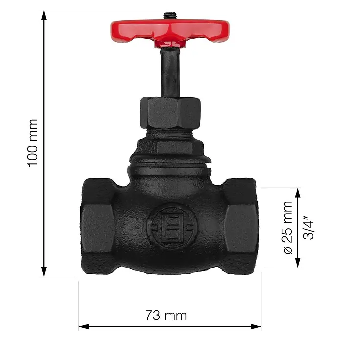 Walteco Rusticline Durchlaufventil Tube - Stahl, Schwarz - Abbildung eines schwarzen Ventils mit rotem Griff und den Maßen 100 x 73 mm und einem Durchmesser von 25 mm.