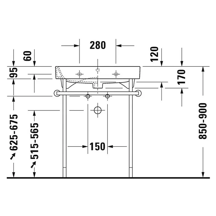 Duravit Happy D.2 Waschtisch Typ 1 - 65 x 50,5 cm, Ohne Spezialglasur, Hahnloch: Mitte, Mit Überlauf, Weiß - Schema des Waschtisches mit Maßangaben. Die Höhe variiert zwischen 850 und 900 mm, während die Breite 280 mm beträgt.