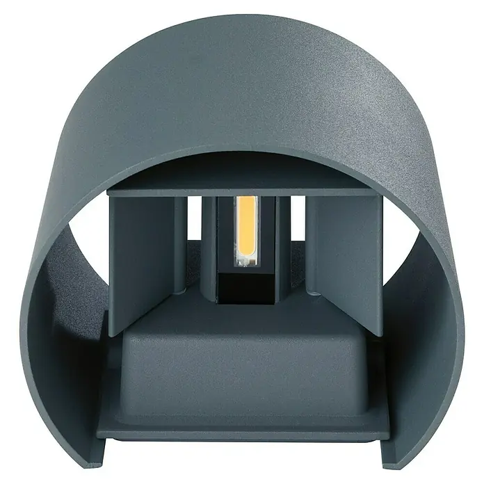 Starlux LED-Außenwandleuchte Umea - 8 W, 11,6 x 13,6 x 10 cm, Anthrazit, IP54 - Nahaufnahme einer modernen, grauen LED-Wandleuchte mit minimalistischem Design und warmem Licht.