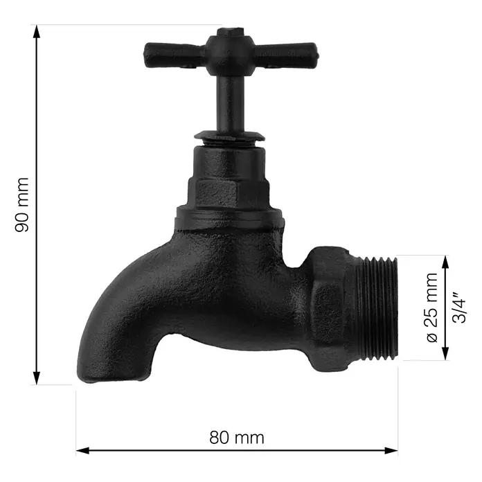 Walteco Rusticline Wasserhahn Tube - Stahl, Schwarz - Abbildung eines schwarzen Wasserhahns mit Größenangaben in Millimetern und Zoll zur Darstellung der Produktabmessungen.