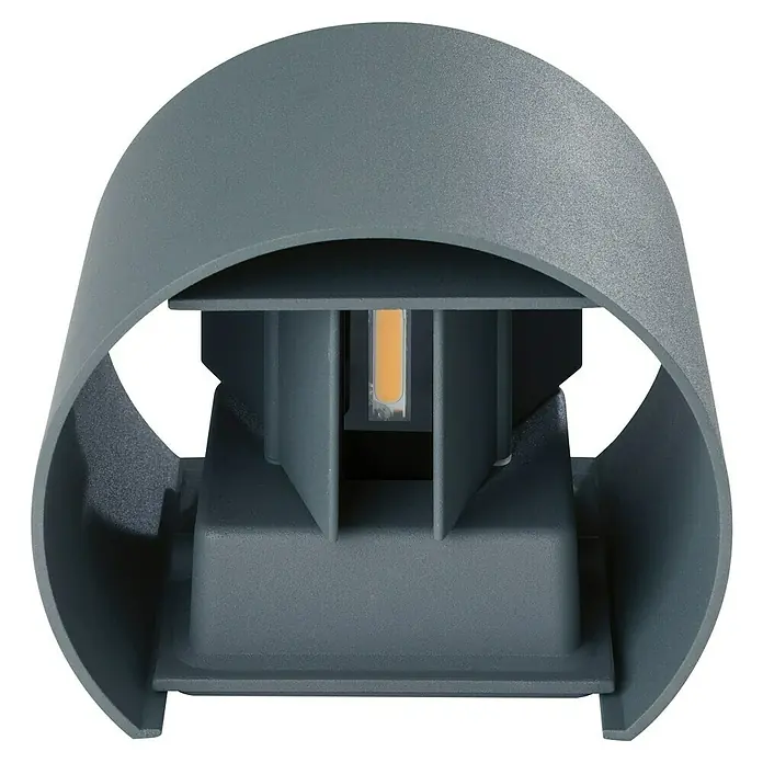 Starlux LED-Außenwandleuchte Umea8 W, 11,6 x 13,6 x 10 cm, Anthrazit, IP54 - Nahaufnahme einer modernen, grauen LED-Wandleuchte, die ein warmes Licht ausstrahlt und sich ideal für den Außenbereich eignet.