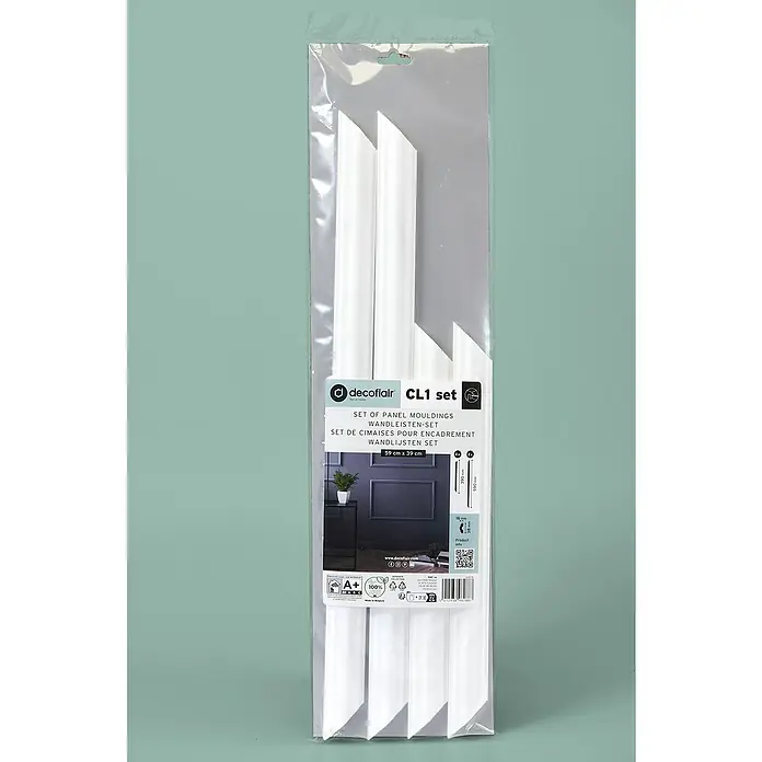 Nmc Decoflair Zierprofil CL1 - 2 x 39 cm, 2 x 59 cm, Hochverdichtetes extrudiertes Polymer (HDPS) - Eine Packung Zierleisten CL1 von Decoflair, ideal zur Gestaltung von Wandpaneelen und Rahmen, mit den Maßen 59 cm x 39 cm.