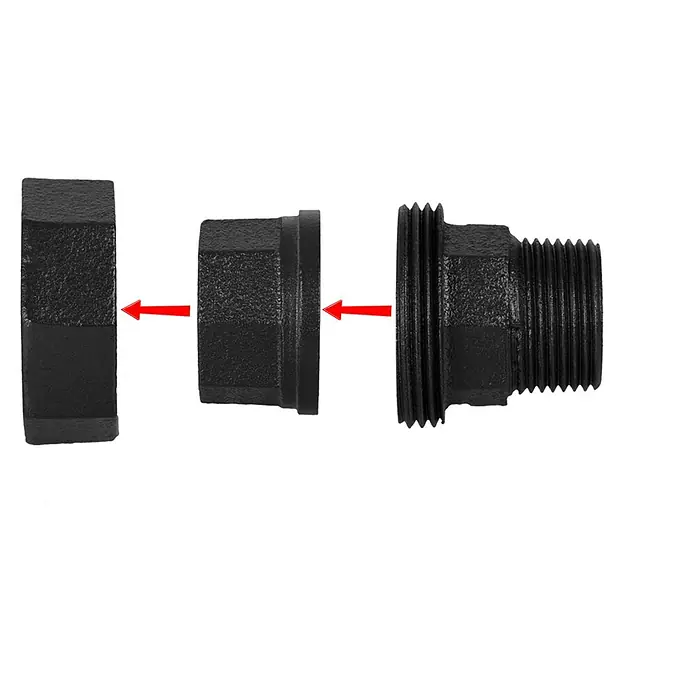 Walteco Rusticline Reduzierstück 3/4“ x 3/4“ Tube - Stahl, Schwarz, 2 Stk. - Schwarze Rohrverschraubung, die aus drei Teilen besteht und mit roten Pfeilen die Verbindungsstellen markiert.