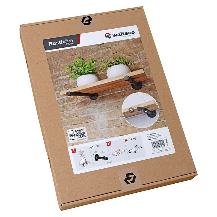 Walteco Rusticline Wandregal-Set - Stahl, Schwarz - Bild einer Walteco RusticLine Tube-Verpackung. Die Verpackung zeigt ein Produktbild mit einem rustikalen Regal mit zwei Pflanzen.