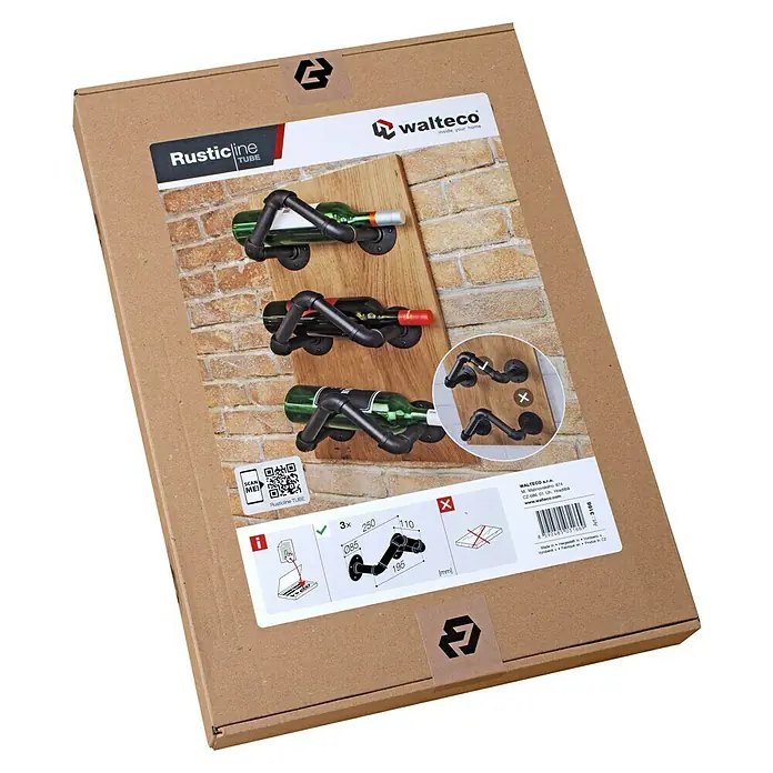 Walteco Rusticline Weinregal - Stahl, Schwarz - Produktfoto einer "Rusticline Tube" Weinregal-Verpackung von Walteco mit rustikalem Design und Produktinformationen.
