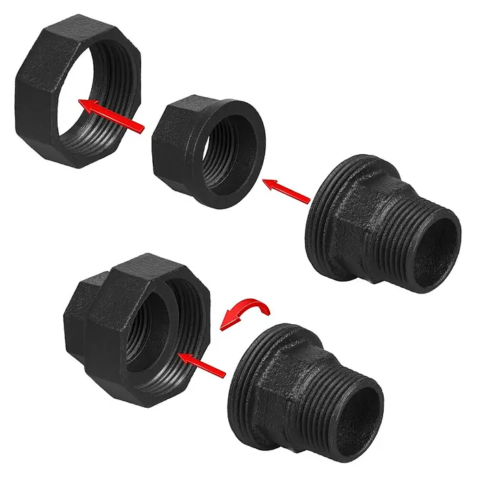 Walteco Rusticline Reduzierstück 3/4“ x 3/4“ Tube - Stahl, Schwarz, 2 Stk. - Diese Abbildung zeigt eine Wasserrohrverschraubung in Schwarz mit roten Pfeilen, die die Montage der einzelnen Elemente darstellt. Die Verschraubung besteht aus mehreren Teilen.