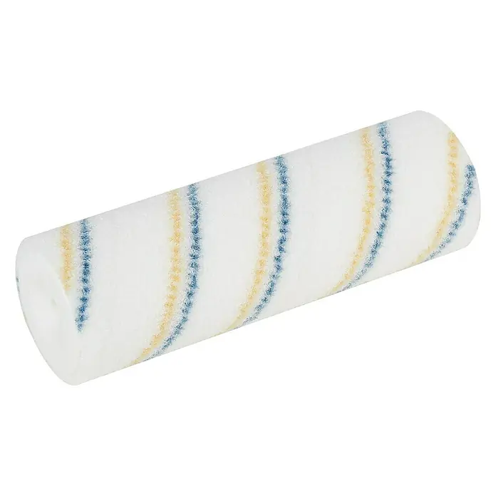 swingcolor Lackwalze K48Breite Walze: 18 cm, Bügelstärke: 6 mm - Nahaufnahme einer Lackierwalze mit weißen, gelben und blauen Streifen auf einem schwarzen Hintergrund.