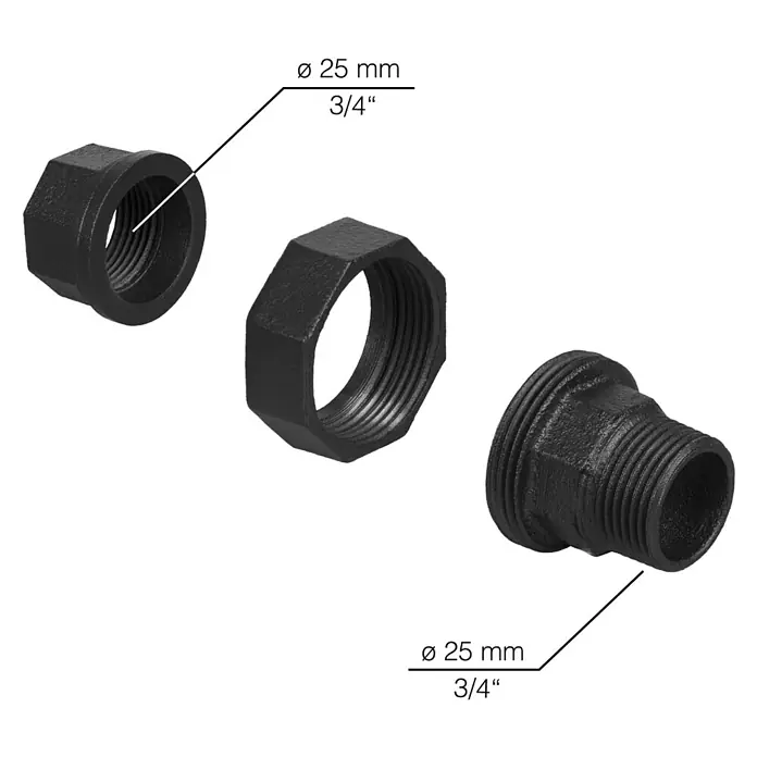 Walteco Rusticline Reduzierstück 3/4“ x 3/4“ Tube - Stahl, Schwarz, 2 Stk. - Schwarzes 3/4"-Rohrverschraubungsset mit zwei Mutterstücken und einem Nippel, ideal für Sanitär- und Heizungsinstallationen.